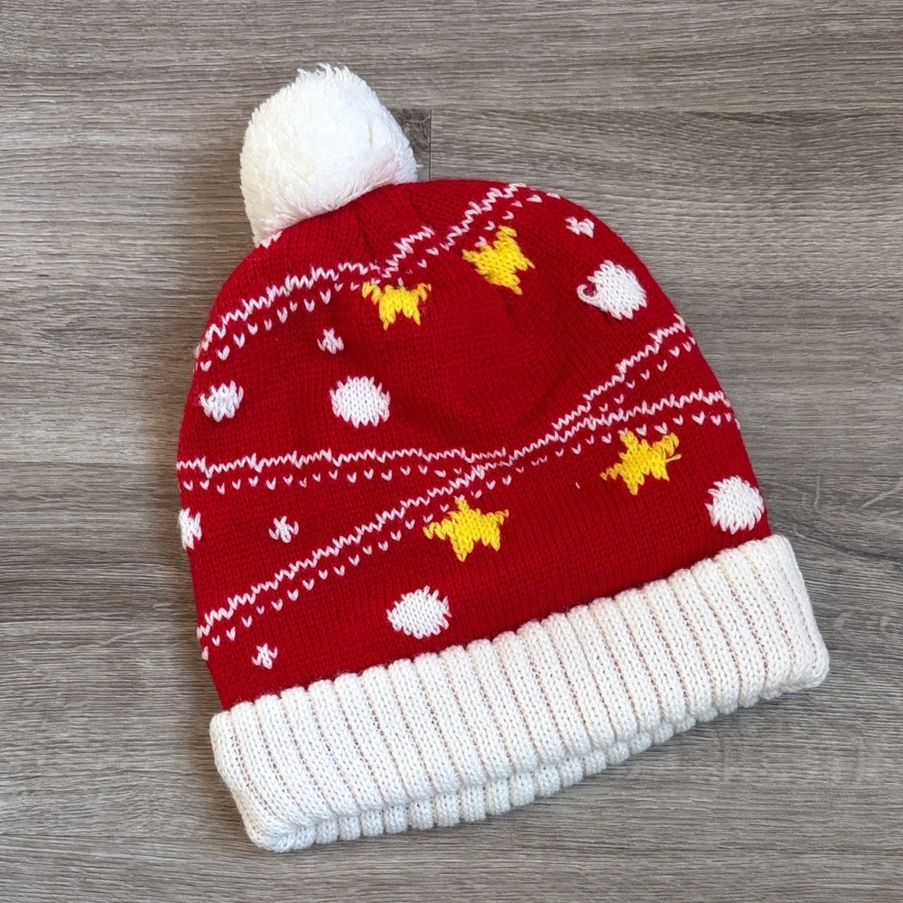 Red winter knit pom pom hat